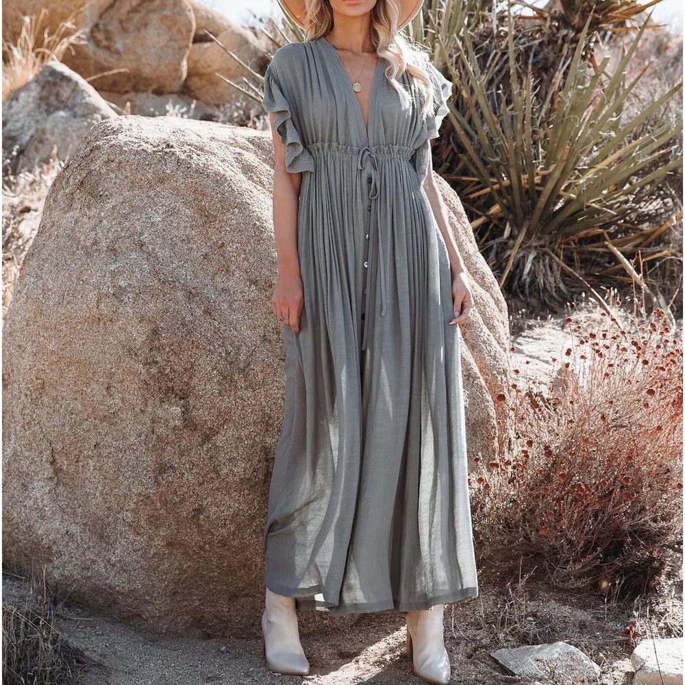 #9 SHEER Gorgeous Green Bohemian Button Vacation Flowy Ruffle Resort Maxi Dress - Picture 3 of 5